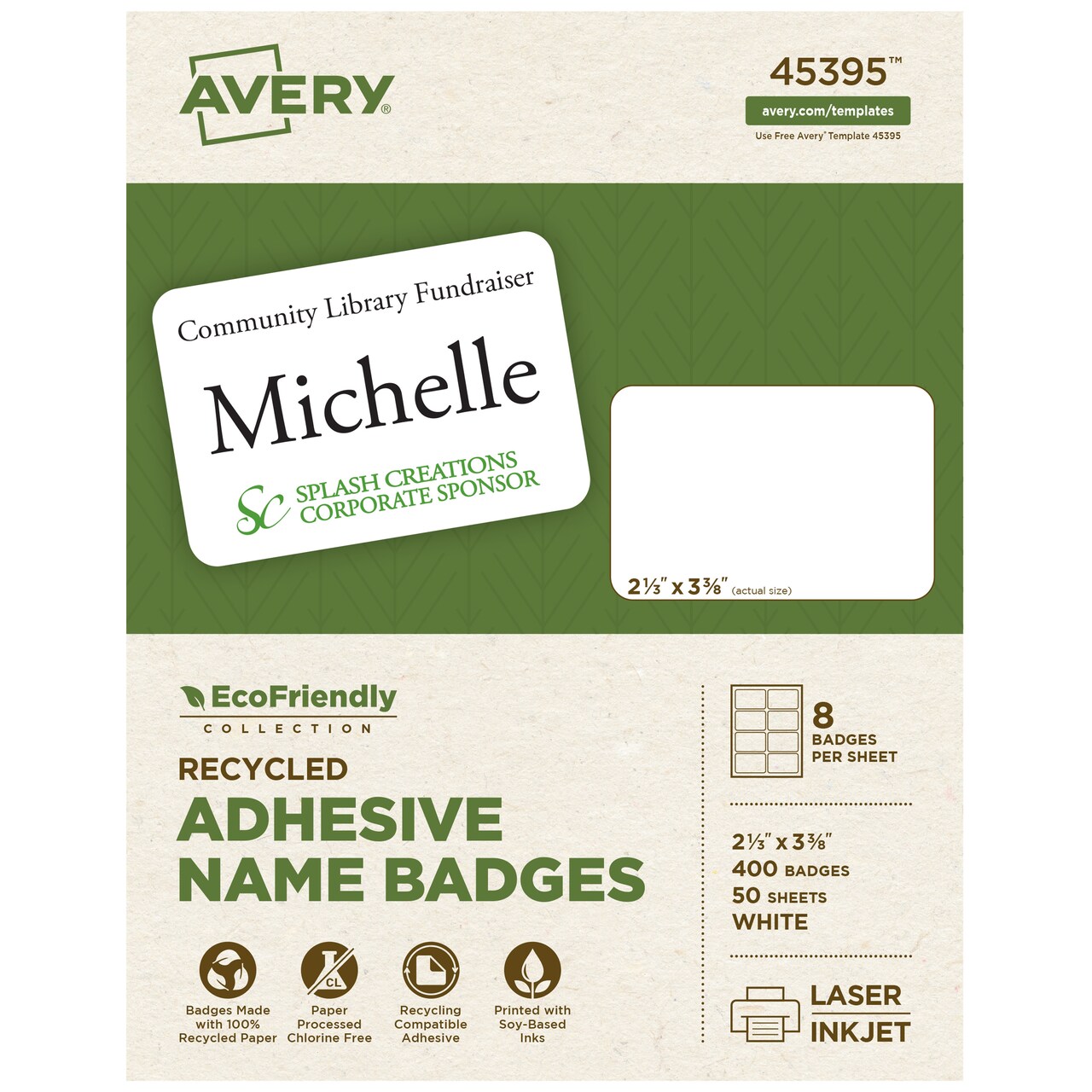Avery EcoFriendly Recycled Name Tags, 2-1/3" x 3-3/8", White, Removable Adhesive, 400 Printable Name Badges (45395)